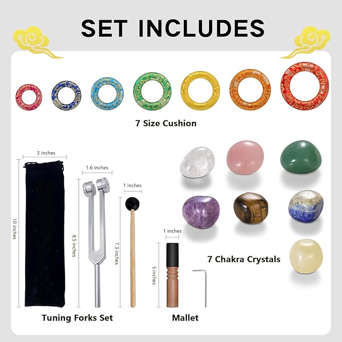 18 Pcs Singing Bowl Cushion Set for 6-12" Tibetan Singing Bowls, 7 Rainbow Silk Round Cushion, WoodMallet,128Hz Tuning Fork Kit, 7 Chakra Stones - for Meditation Sound Healing and Crystal Sound Bowls MIAKEED