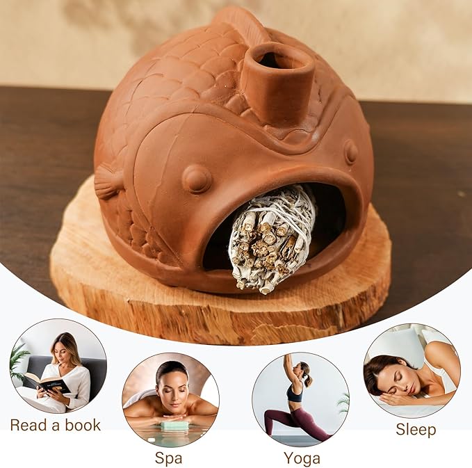 Large Fish-Shaped Terracotta Palo Santo Holder - Cone Burner for Sage,Chiminea Incense Dish with Chimney,Ideal for Meditation, Zen, Yoga, Spa & Wellness | Anxiety & Stress Relief Items MOUGIGI