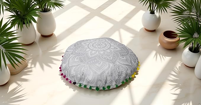 CRAFT KALA Large Round Bohemian Floor Pillow Pouf Cover Mandala Meditation Room Pillow Cover for Adults Boho Seating Poufs Cushion Cover for Kids Playroom 32" Round Silver Flower - Bloomnest