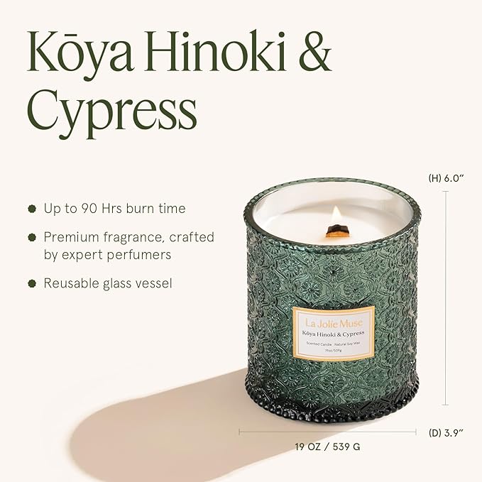 LA JOLIE MUSE Kōya Hinoki & Cypress Scented Candle – Pine, Leather & Hinoki | 19 oz Festive Christmas Candle | Wooden Wick | Clean Burn & Vibrant Scent | Fun Gift for Hosts & Fall Tablescapes - Bloomnest
