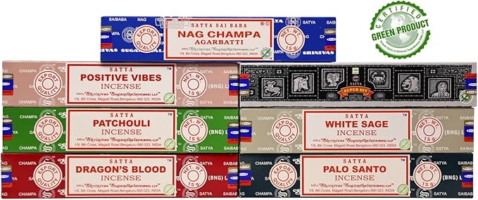 EARTH Satya Incense Sticks Set of 7 - Nag Champa, Super Hit, Dragon's Blood, White Sage, Positive Vibes, Palo Santo, Patchouli 15 GMS (Green Certified)- Hand Rolled Incense Sticks Earth