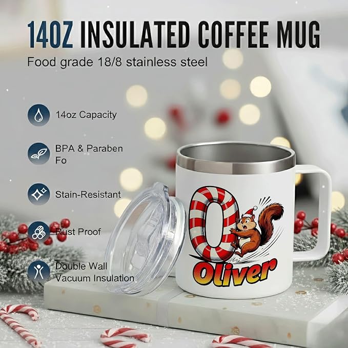 JugJug Personalized Christmas Mug with Candy Cane Initial - Cute Squirrel 12oz Insulated Coffee Cup w/Lid - Sweet Xmas Gifts for Kids, Boys (B177) - Bloomnest