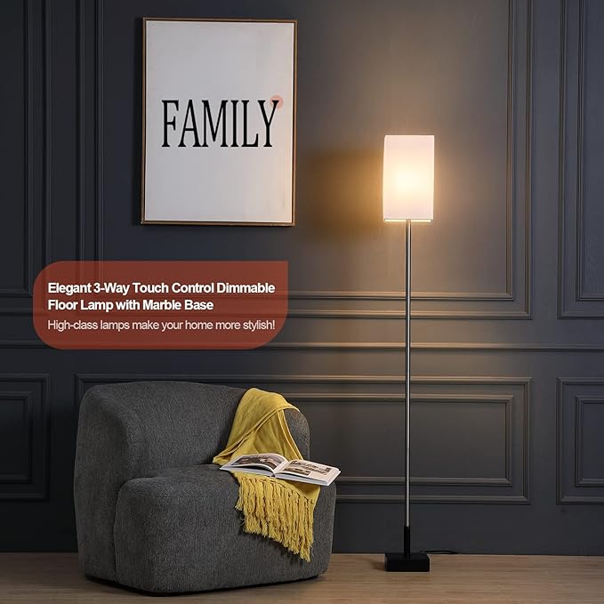 Floor Lamp, 3-Way Touch Control Dimmable Standing Lamp with Sturdy Marble Base, Brushed Nickel Touch Floor Lamp Tall Lamp with Square Linen Shade for Living Room, Bedroom, LED Bulb Included - Bloomnest