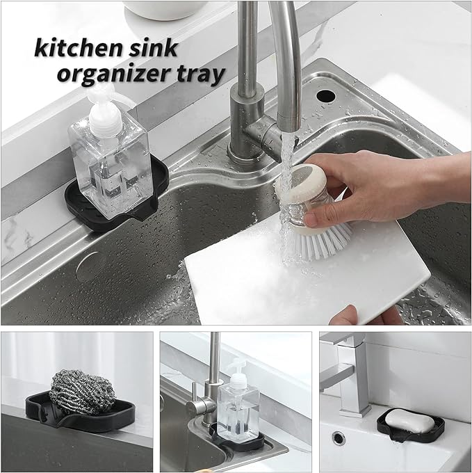 Silicone Bathroom Soap Dishes with Drain Spout-Bathroom and Kitchen Sink Organizer,Sponge Holder,Dish Soap Tray,Perfect for Dispenser,Scrubber,Bottle,Cup on Sink or Counter-Black 4.9"×3.2" - Bloomnest