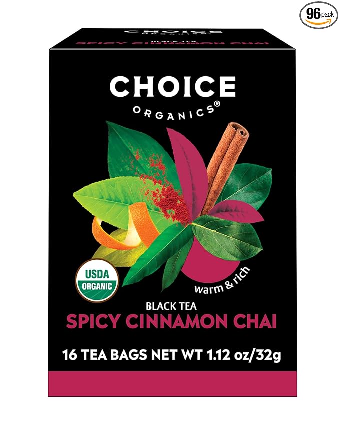 Choice Organics - Organic Spicy Cinnamon Chai Tea (6 Pack) - Rainforest Alliance - Contains Caffeine - 96 Organic Black Tea Bags - Bloomnest