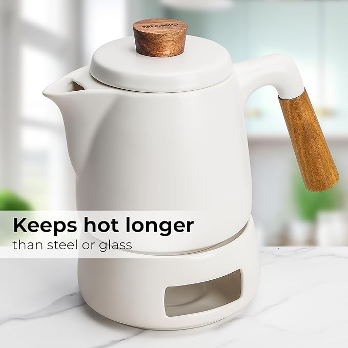 MIAMIO - Teapot Set with Warmer / 34 oz Tea Kettle with Infuser for Steeping Loose Tea Leaves - Gift for Women/Tea Lovers (White) - Bloomnest
