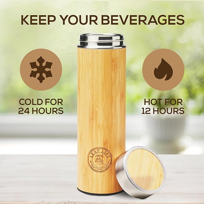 LeafLife Premium Bamboo Tea Bottle for Loose Tea - Tea Infuser Bottle - Tea Gifts - Insulated Water Bottle/Coffee Tumbler/Tea - Tea Gift Set, Tea Accessories - Tea Tumbler 12oz