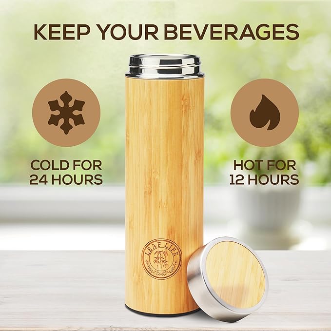 LeafLife Premium Bamboo Tea Bottle for Loose Tea - Tea Infuser Bottle - Tea Gifts - Insulated Water Bottle/Coffee Tumbler/Tea - Tea Gift Set, Tea Accessories - Tea Tumbler 22oz