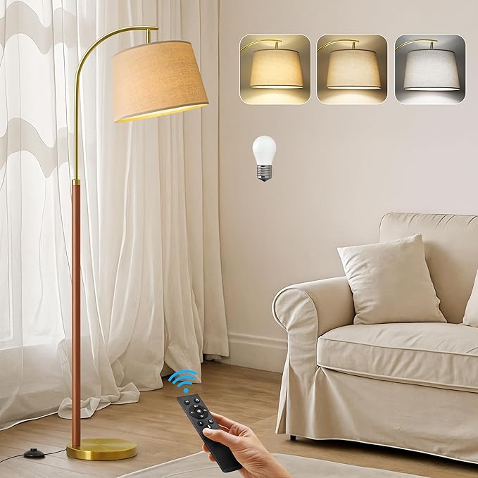 62.5" Gold Floor Lamp for Living Room Dimmable Standing Lamp with Remote & Foot Switch, 3 Color Temperatures Arc Tall Lamp Wood Mid Century Modern Floor Lamps for Bedroom Office, 9W Bulb Included - Bloomnest