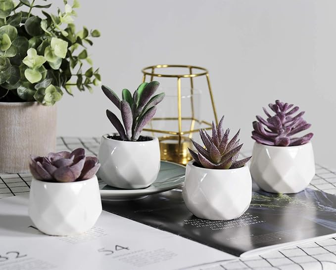 Tiita Purple Artificial Faux Succulents in Pots, Mini Purple Fake Plants for Women Desk, Small Realistic Faux Succulents for Home Office Accessories Window Sill Bathroom Bedroom 4 Set - Bloomnest