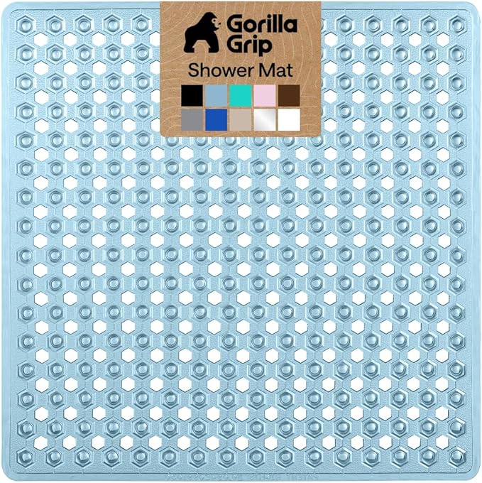 GORILLA GRIP Patented Square Shower Stall Mat, Small Bathtub Floor Mats for Stand Up Showers with Suction Cups and Drainage Holes, Machine Washable, Soft on Feet, Bathroom Accessories 21x21 Inch, Blue - Bloomnest