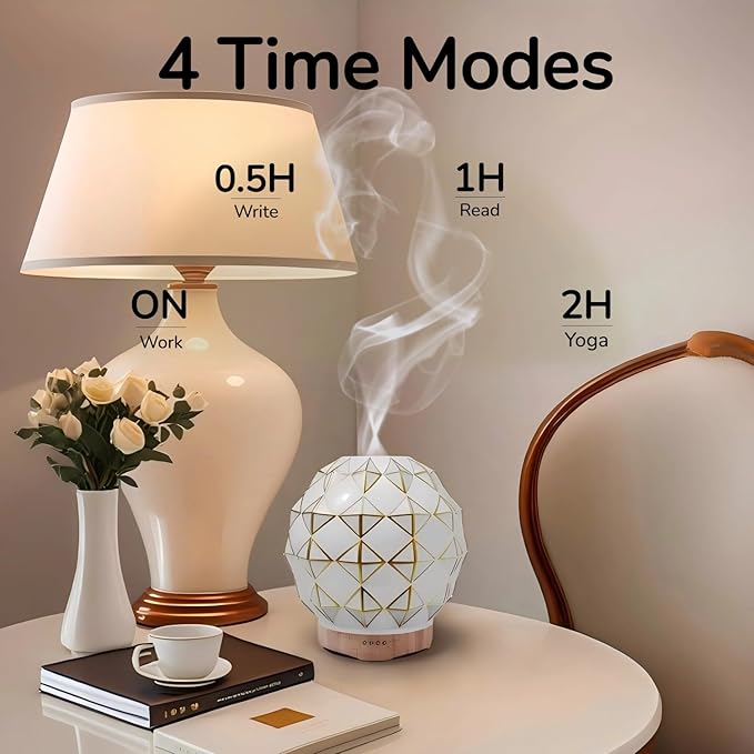 Essential Oil Diffuser, 100ML Handcrafted Glass Aromatherapy Diffuser with 7 Color LED Lights, Remote Control, Cool Mist Humidifier, Timed Mist, Auto Shut-Off (White) YOUENKITY