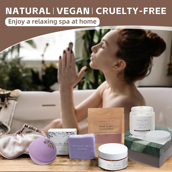 Natural Amor Handmade Bath Body Gift Set,6 pcs Self Care Gift for Women,Includes Soap Bar, Bath Bomb, Clay Mask, Candle- Thank you Gift for Pampering - Bloomnest