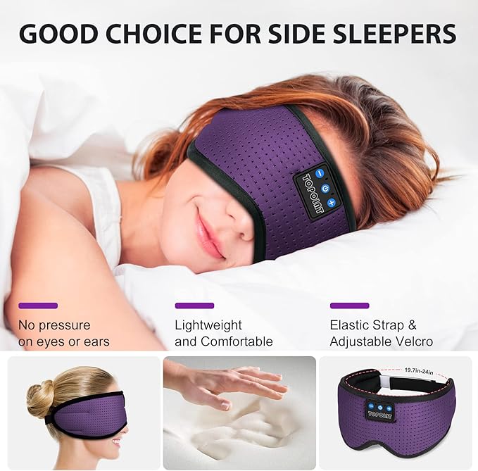 TOPOINT Sleep Mask with Bluetooth Headphones, Breathable Silk Eye Mask for Sleeping Men Women, Bluetooth Sleep Mask Blackout with Speakers, Microphone Handsfree, USB C for Travel Meditation Gifts - Bloomnest