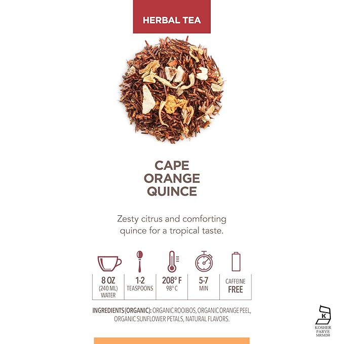 Teabloom Organic Herbal Tea, Cape Orange Quince Loose Leaf Tea, Zesty Citrus and Comforting Quince for a Tropical Rooibos - 3.53 oz/100 g Canister Makes 35-50 Cups - Bloomnest