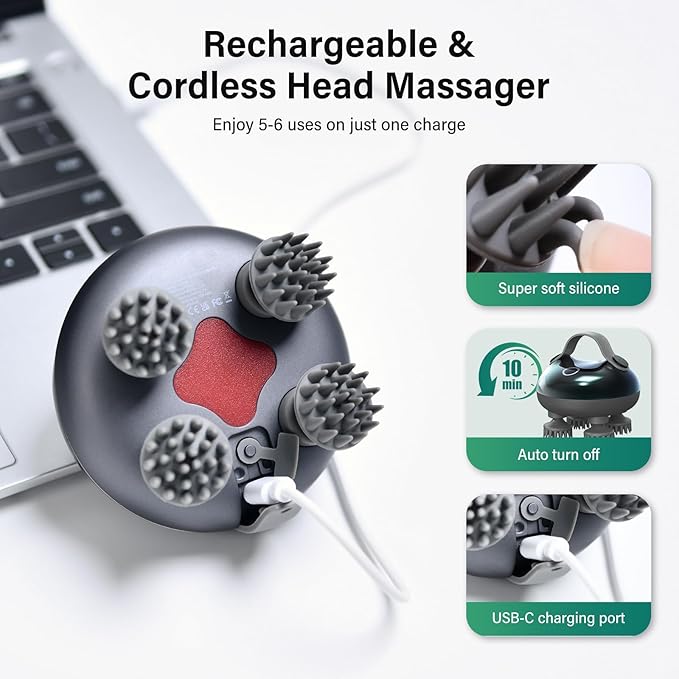 arboleaf Scalp Massager Electric, Portable Head Massager Scalp Stress Relax, Waterproof 6 in 1 Hair Massage with 8 Removable Claws, Rechargeable Hair Head Scratcher, Gifts for Her Him arboleaf