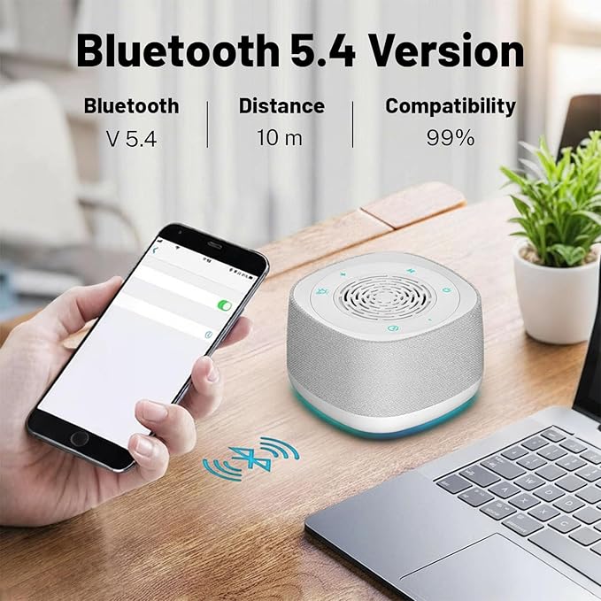Sound Machine & Clock with Bluetooth 5.4, 14 Soothing White Noise Sounds, Night Light, Sleep Timer, 1000mAh Portable Rechargeable Sound Machine for Adults, Home, Travel, Office (White, Standard Size) - Bloomnest
