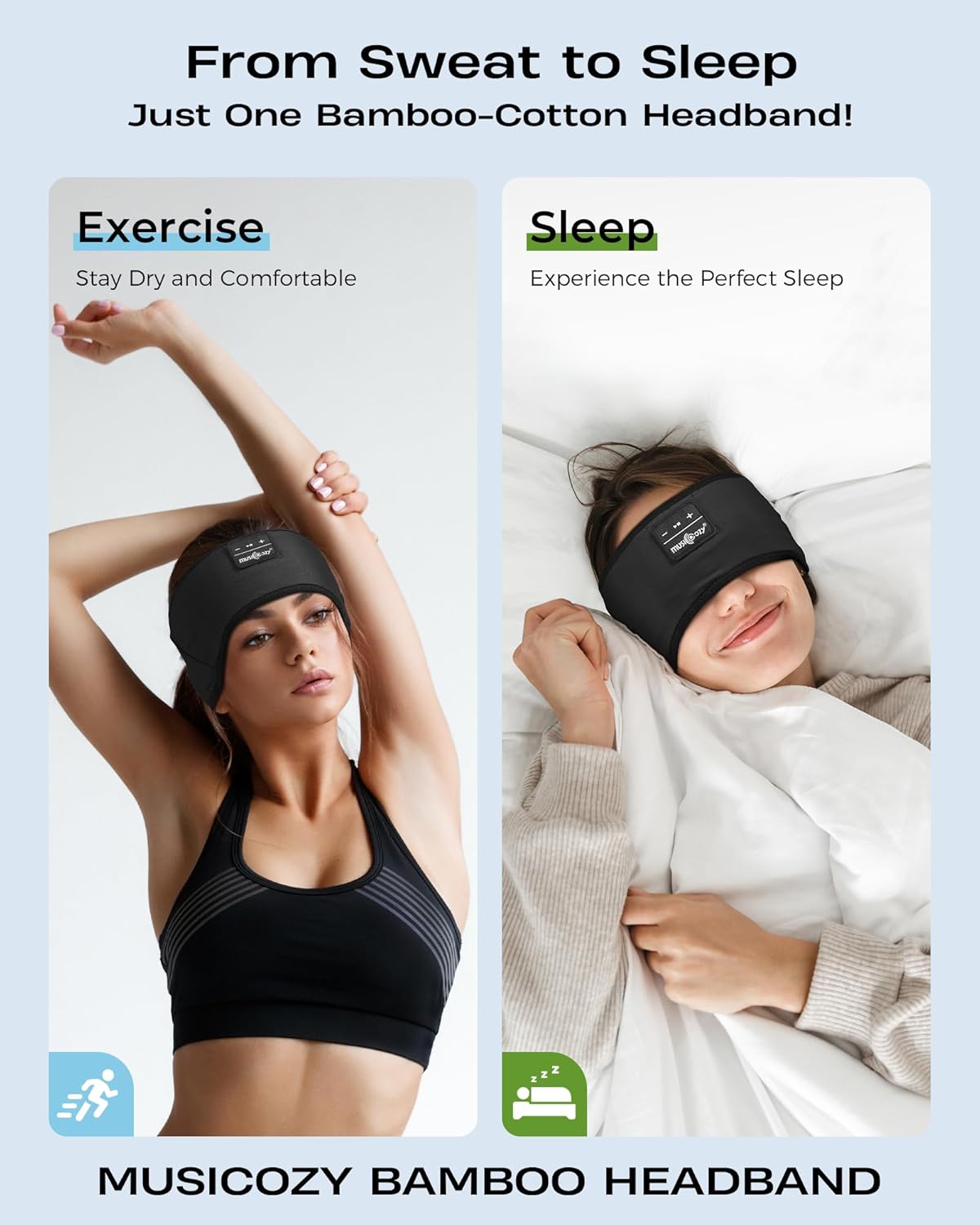 MUSICOZY Sleep Headphones Soft Bamboo Cotton Headband Headphones for Sleeping, Sleep Headphone Wireless Bluetooth 5.4 with Ultra-Thin HD Stereo Speaker for Unique Gifts(Classic Black)