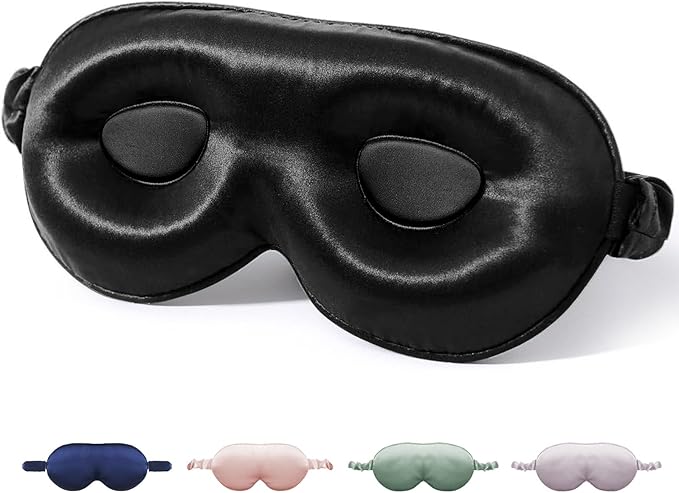 100% Mulberry Silk Sleep Mask for Unisex, 22 Momme 3D Silk Contoured Eye Mask, Breathable Light Blocking Blindfold with Adjustable Strap, Blackout Eye Cover for Travel, Black - Bloomnest