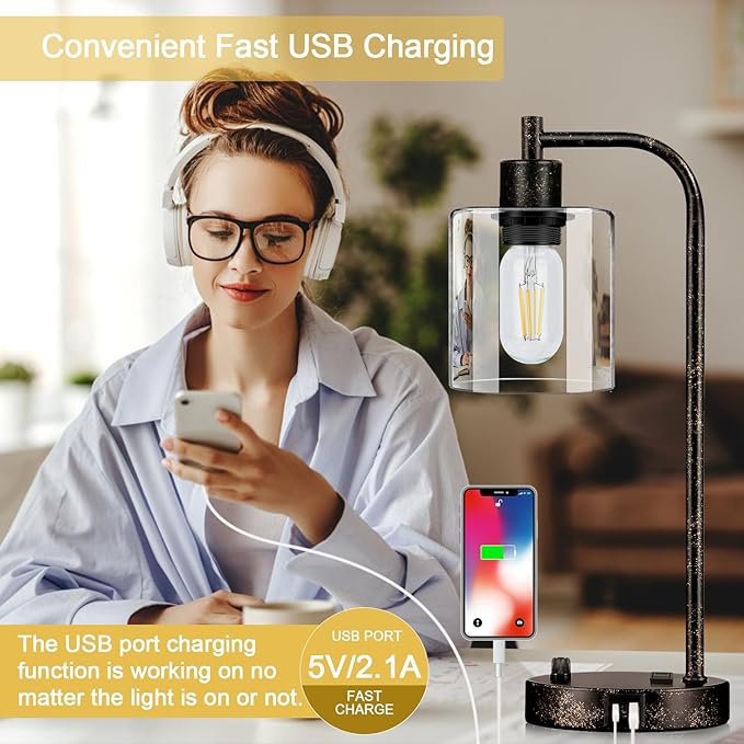 Set of 2 Industrial Table Lamps with USB Port, Rustic Black Fully Stepless Dimmable Bedside Lamps for bedrooms, Nightstand Desk Lamps with Clear Glass Shade for Reading Living Room Office 2 LED Bulb - Bloomnest