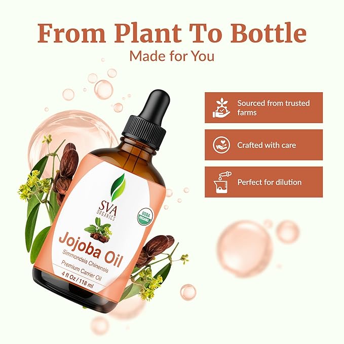 SVA Jojoba Seed Oil Organic - 4 Fl Oz – 100% Natural Cold Pressed Organic Jojoba Oil - for Face, Skin Care, Hair Care, Scalp Massage & Body Massage – Carrier Oil with Dropper - Bloomnest