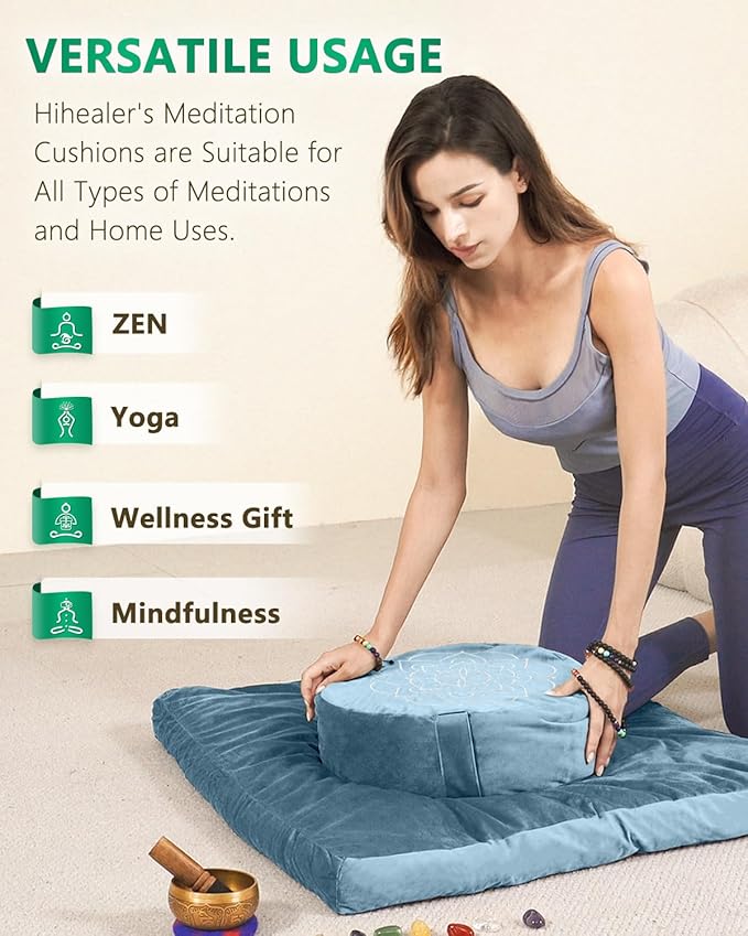 Hihealer Meditation Cushion Set Large Velvet Floor Pillow & Traditional Tibetan Yoga Bolster for Adults Zafu Meditation Mat with Buckwheat Filling - Bloomnest