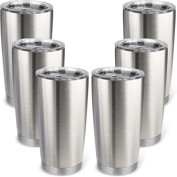 20oz Stainless Steel Tumbler Bulk with Lid, Travel Mug - Double Wall Vacuum Powder Coated Cup - Stainless steel, 6 Pack - Bloomnest