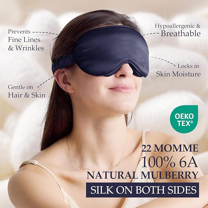 100% 22 Momme Mulberry Silk Sleep Mask with Adjustable Strap, 3D Contoured Cup Silk Eye Mask for Sleeping, Total Black Out, Navy Bule - Bloomnest