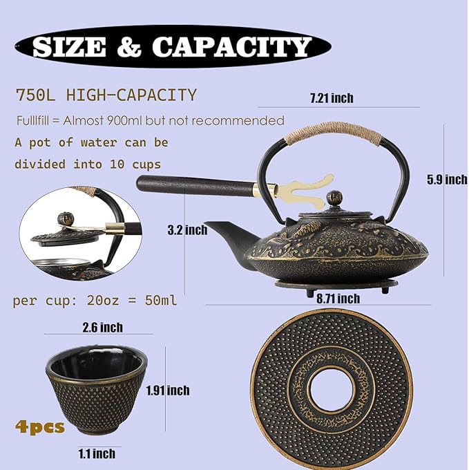 Cast Iron Teapot Set with Gift Pakckage, Koi Fish Tea Pot, Japanese Style Tetsubin Tea Gift Set, 4 Cups, Trivet and Lid Holder (koi fish)