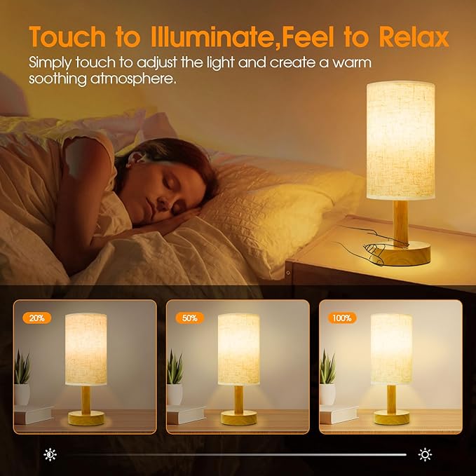 Small Cordless Touch Bedside Table Lamps Set of 2,Minimalist Dimmable Battery-Powered Desk Lamps with Round Fabric Linen Shade,Mini Nightstand Warm Night Lights for Bedroom,Home,Living Room,Office - Bloomnest