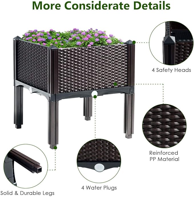 S AFSTAR Raised Garden Bed Kit, Set of 4, Elevated Planter Boxes with Self-Watering Design & Removable Legs, Outdoor Plastic Planter Box for Patio Yard Balcony Gardening, Rattan Pattern (Brown) - Bloomnest
