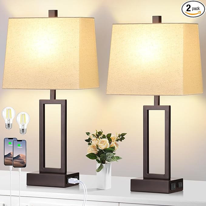 23.5" Touch Control Table Lamps, Metal Bedside Lamp for Bedroom Set of 2 with USB A+C Ports & AC Outlet, 3-Way Dimmable Nightstand Lamp for Living Room (LED Bulb Included) - Bloomnest