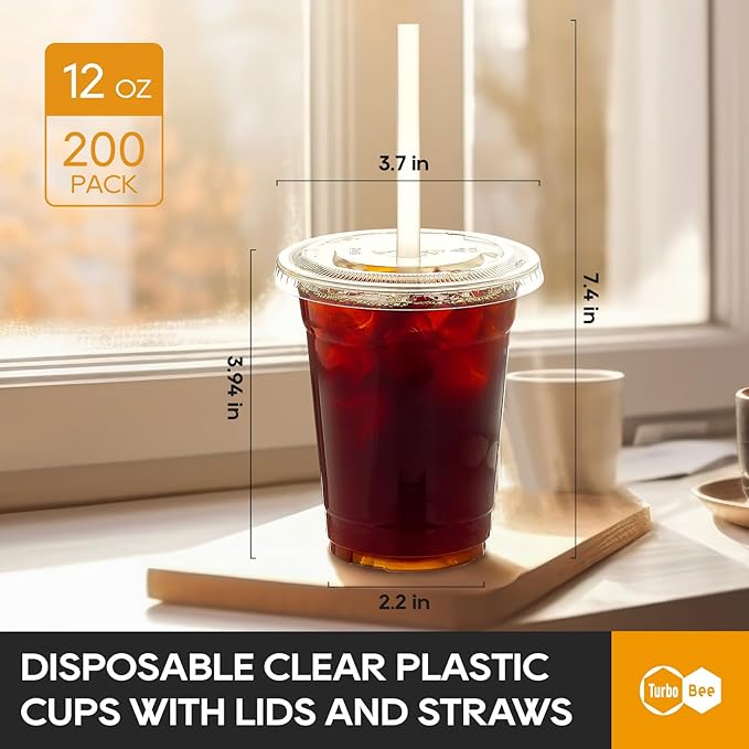 Turbo Bee 200 Sets 12 OZ Clear Plastic Cups with Lids and Straws, Disposable To Go Iced coffee cups with lids for Cold Drinks, Smoothie, and Slushie - Bloomnest
