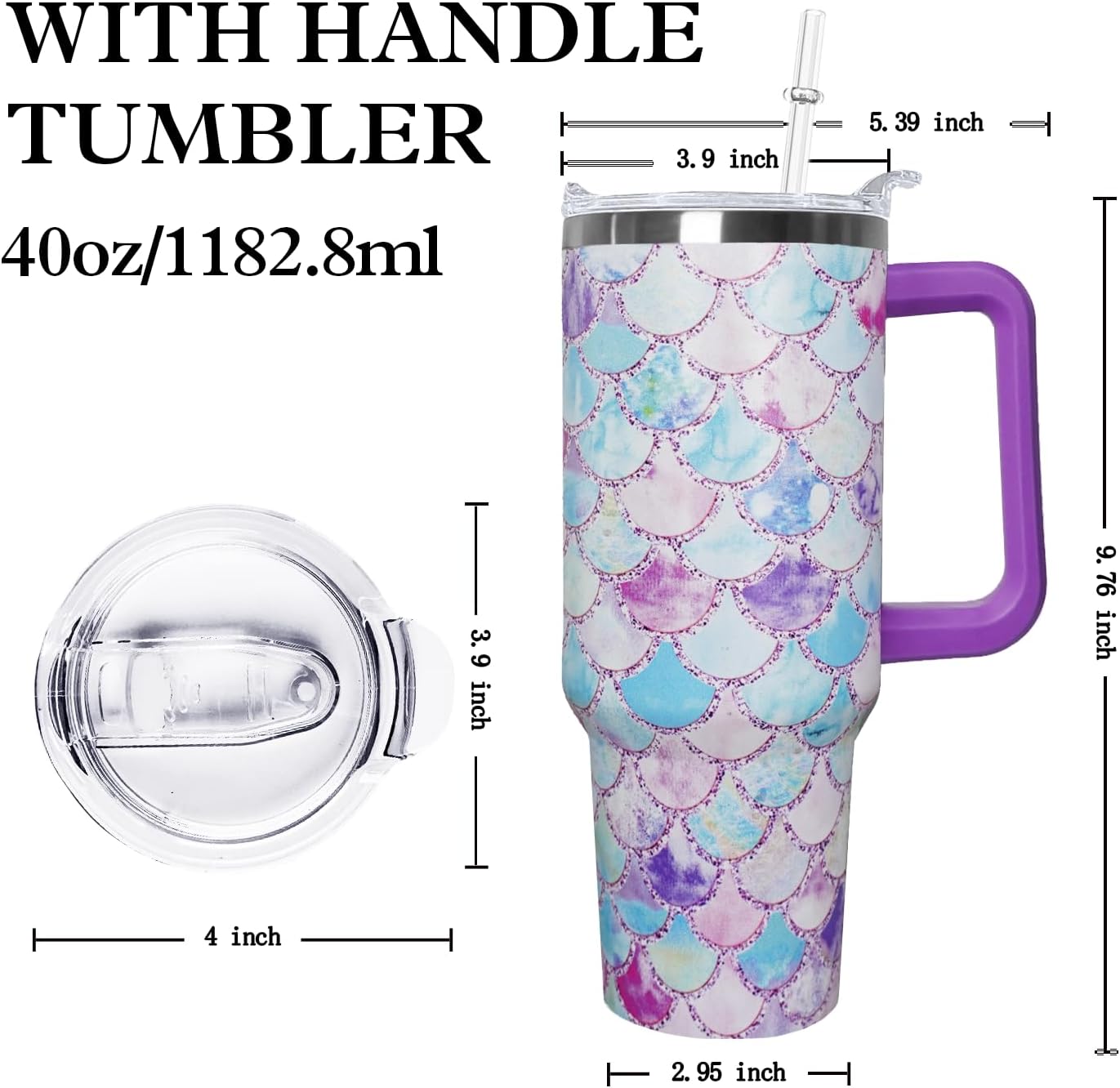 Ceovfoi 40 Oz Double Wall Vacuum Stainless Steel Tumbler with Handle Lid and Straw, Ocean Mermaid Watercolor Cup, Travel Coffee Mug, Hawaiian Decor, Accessories