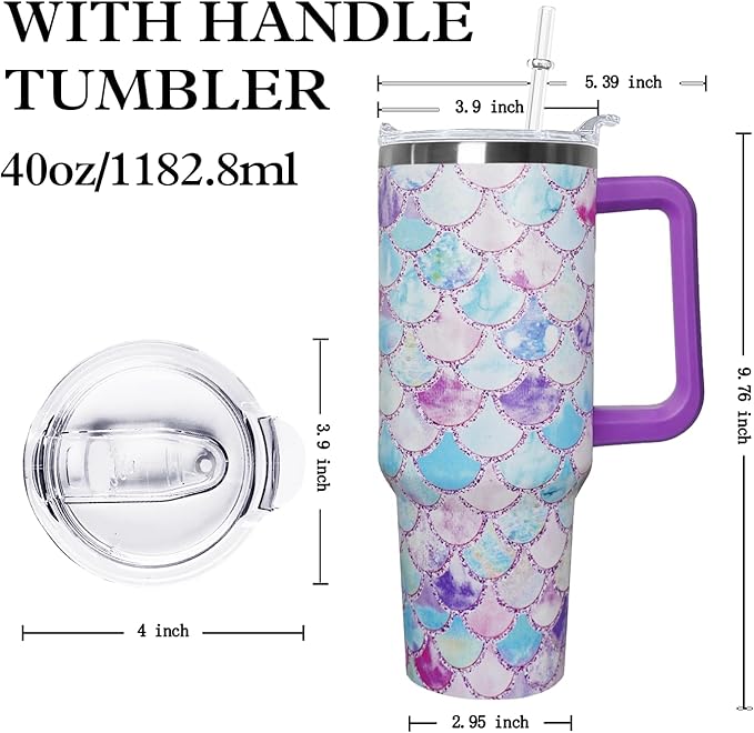 Ceovfoi 40 Oz Double Wall Vacuum Stainless Steel Tumbler with Handle Lid and Straw, Ocean Mermaid Watercolor Cup, Travel Coffee Mug, Hawaiian Decor, Accessories - Bloomnest