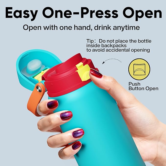 Insulated Water Bottle with Straw - Encool Stainless Steel Water Bottle with Push Button Lid, Leak-Proof & BPA-Free, Keeps Cold for 24 Hours for Sports, Travel, Gym (32 oz, Cerulean Blue) ENCOOL