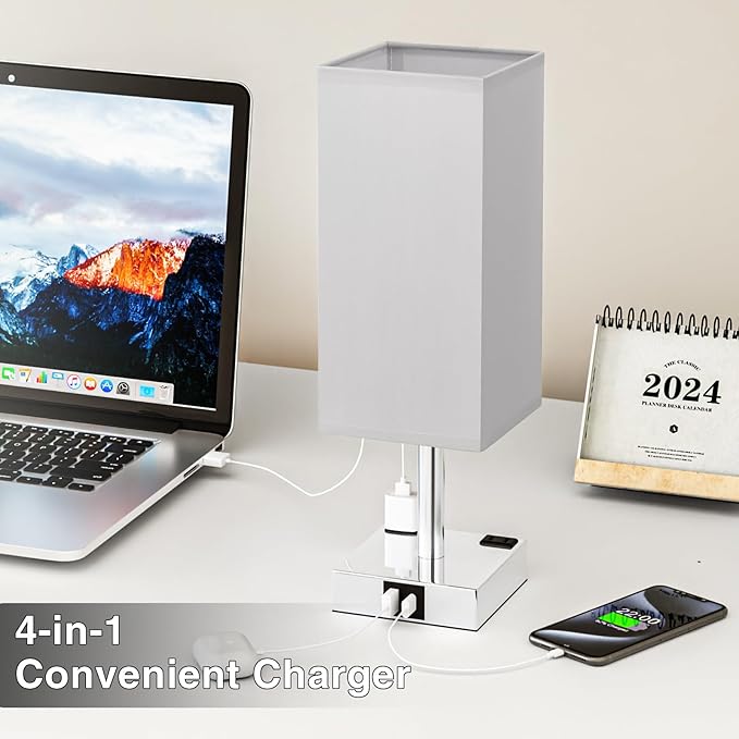Touch Bedside Table Lamp Set of 2-3-Way Dimmable Night Lamp with USB A + Type C Charging Ports and Two AC Outlets, Small Desk Light with E26 LED Bulb for Bedroom Living Room Dorm Office - Bloomnest