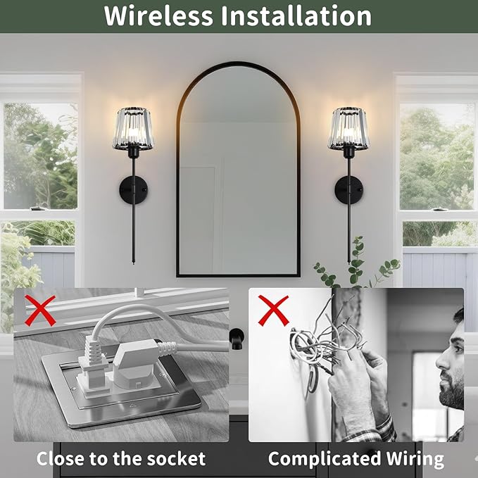 Battery Operated Crystal Wall Sconce Set of 2, Matte Black Wireless Wall Light with Remote Control, LED Dimmable 15 Colors USB Rechargeable Light Bulbs Wall Lamp for Bedroom Living Room Hallway - Bloomnest