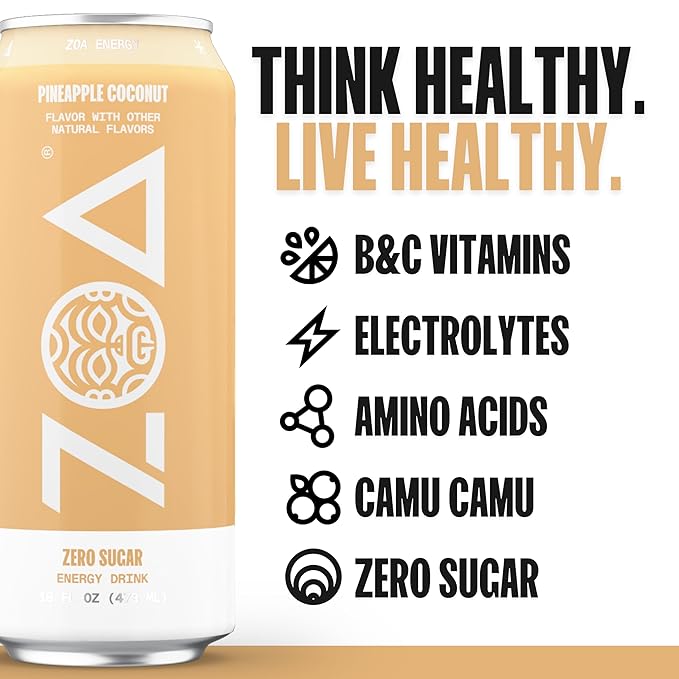 ZOA Zero Sugar Energy Drinks, Pineapple Coconut - Sugar Free with Electrolytes, Healthy Vitamin C, Amino Acids, Essential B-Vitamins, and Caffeine from Green Tea - 16 Fl Oz (12-Pack) - Bloomnest