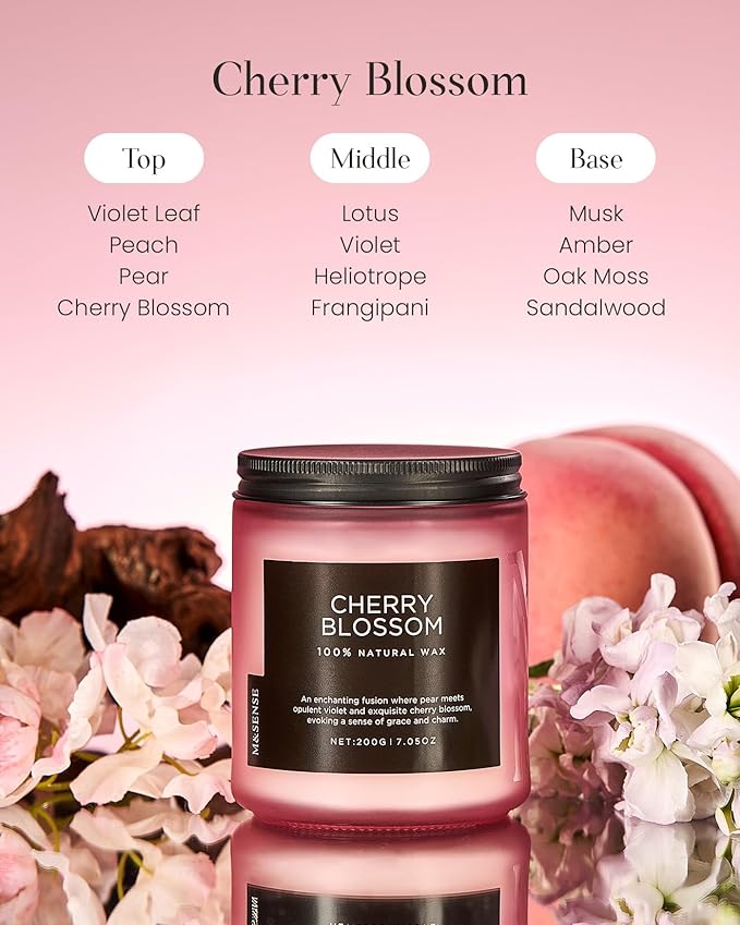M&SENSE Cherry Blossom Scented Spring Candle, Best Smelling Stress Relief Aromatherapy Candle, 50 Hours 7.05oz Natural Soy Wax Romantic Candle Gifts for Women & Home Decor - Bloomnest