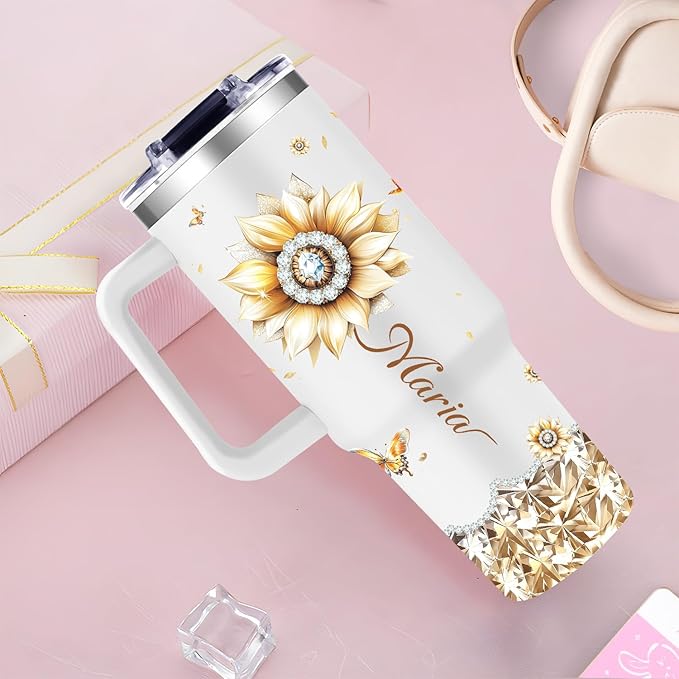 Personalized Sunflower Birthday Gifts for Women, Monogrammed 40oz Customized Tumblers Gifts with Initial Name for Grandma Mom Aunt Sister on Mothers Day, Custom Name Cups Gift for Her Female - Bloomnest