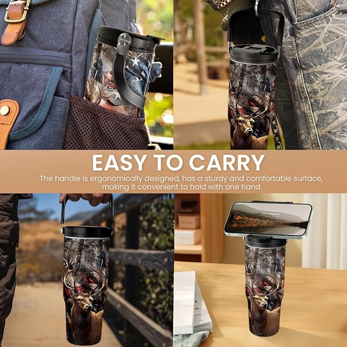 SANDJEST Hunting Gift for Men, Deer Hunting Tumbler with Handle, 30oz Flip Straw Stainless Steel Insulated Coffee Travel Cup, Gifts for Hunter Dad Grandpa for Birthday Christmas Fathers Day - Bloomnest