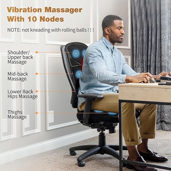 Back Massage Chair Pad, Back Massager with Heat for Pain Relief, Chair Massager for Full Body Massage, Deep Tissue Vibration Massger with 2 Adapters, Chair Massager for Office and Recliner - Bloomnest