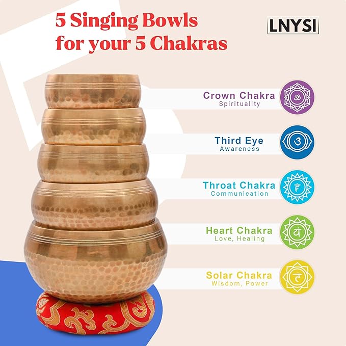 Tibetan Singing Bowl Set - Authentic Cuencos Tibetanos for Sound Healing, Meditation & Chakra Balancing - Includes Cushion, Mallet-Unique Spiritual Gifts for Women and Men (5 Chakra Set) - Bloomnest