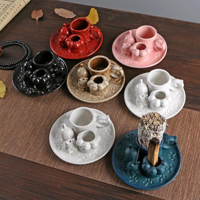 4 in 1 Casual Cat Incense Burner,Sage Holder Palo Santo Sticks Holder,Smudge Stick Ash Catcher Tray for Meditation Yoga Room (White A) - Bloomnest