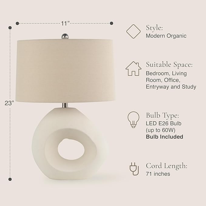 Abani Table Lamp Iris Sculptural 23” – Modern Organic Cream Ceramic Open-Circle Base with Grey Linen Shade – E26 Bulb Included – Stylish Desk Lamp for Bedroom, Living Room Lamp, Dorm or Nightstand - Bloomnest