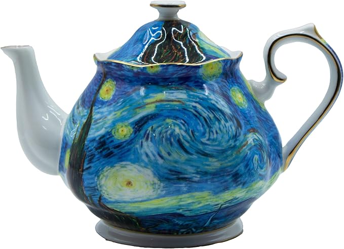 Teapot 30 oz Van Gogh Paintings Bone China Loose Tea Pot Floral Design Vintage Ceramic Coffee Water Pot European Style Porcelain (Starry Sky) - Bloomnest