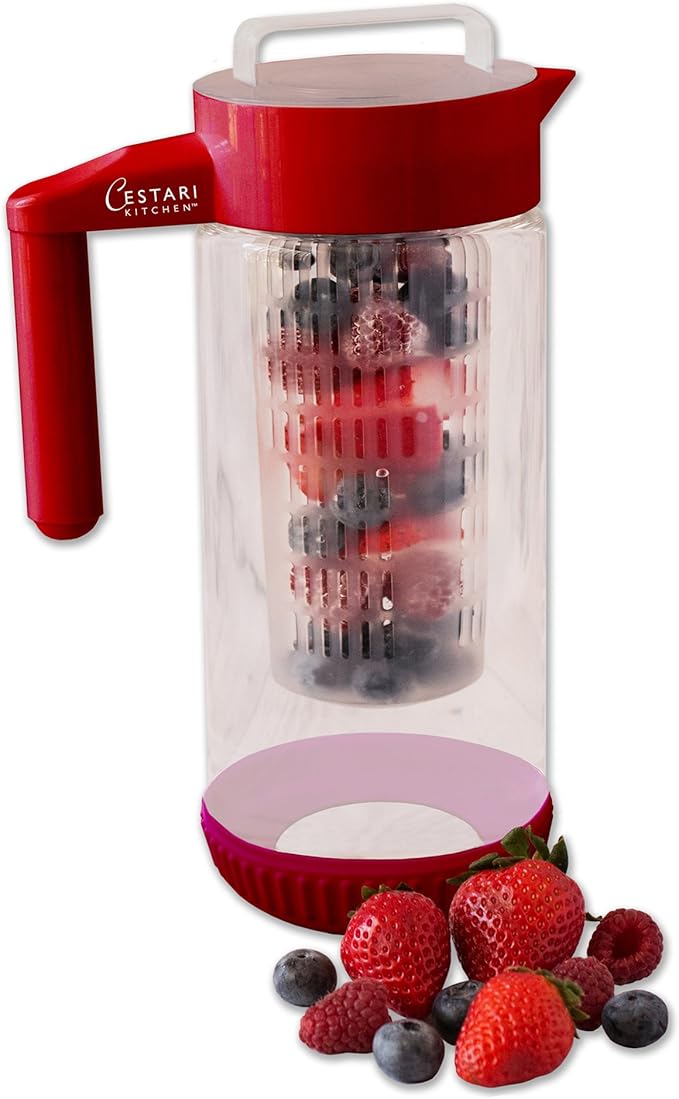 Glass Water Infusion Pitcher | BPA Free Fruit Infuser | Premium Borosilcate Glass for Hot and Cold Liquids | Infuse Iced Tea, Coffee, Water, Juice, Vodka, Tequila - Cestari Infuser, Red 44 ounces - Bloomnest