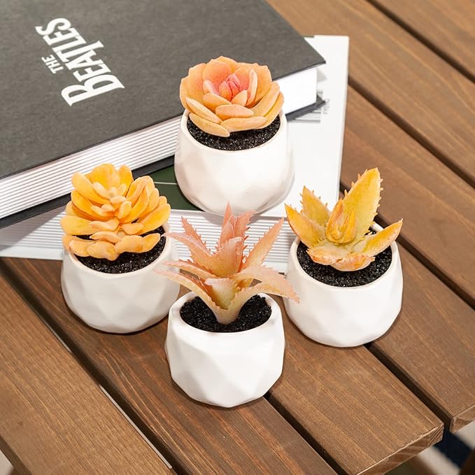 Tiita Artificial Faux Succulents in Pots, Mini Orange Fake Plants for Women Desk, Small Realistic Faux Succulents for Home Office Accessories Window Sill Bathroom Bedroom 4 Set, Orange - Bloomnest