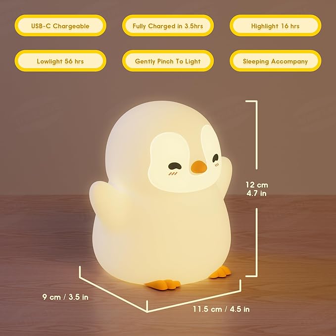 UNEEDE Standing Penguin Night Light with Detachable Bunny Hat - Rechargeable Silicone Touch Lamp, 2-Level Dimmable, 20-Min Timer, Nursery Decor for Kids & Holiday Gifts - Bloomnest